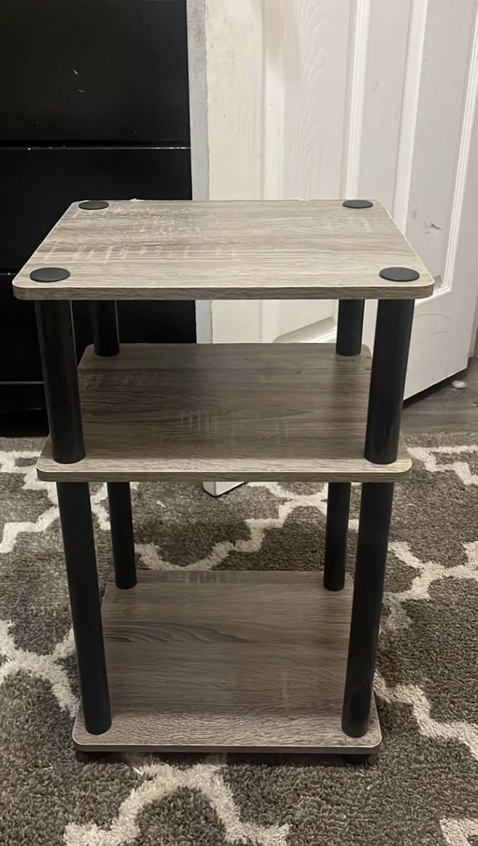 3-Tier Gray Wood Grain & Black Post Accent Table Nightstand