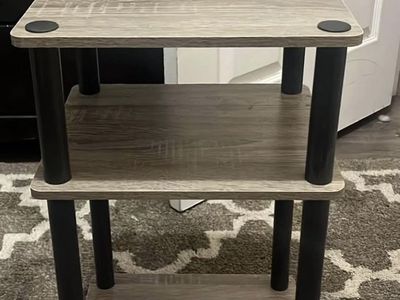 3-Tier Gray Wood Grain & Black Post Accent Table Nightstand