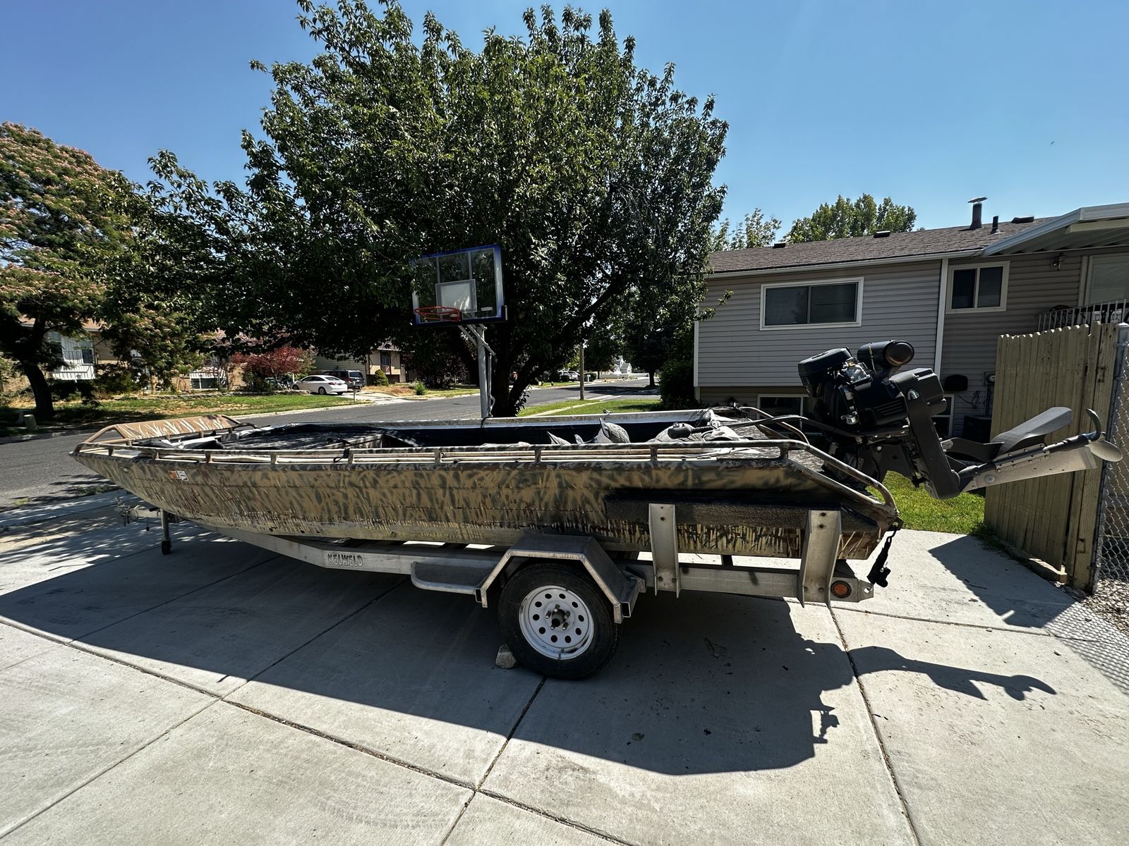 Camouflage Duck Hunting Jon Boat with Surface Drive Mud Motor and Trailer