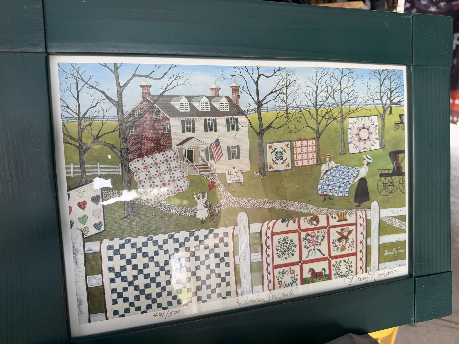 Limited Edition Bonny Rochester "Quilts For Sale" Folk Art Print, 491/500, Framed