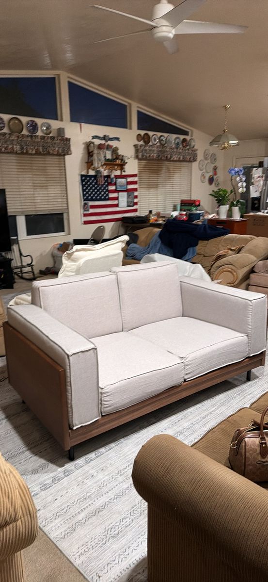 Modern Light Gray Fabric and Wood Love Seat - Gently Used 2-Seater Sofa