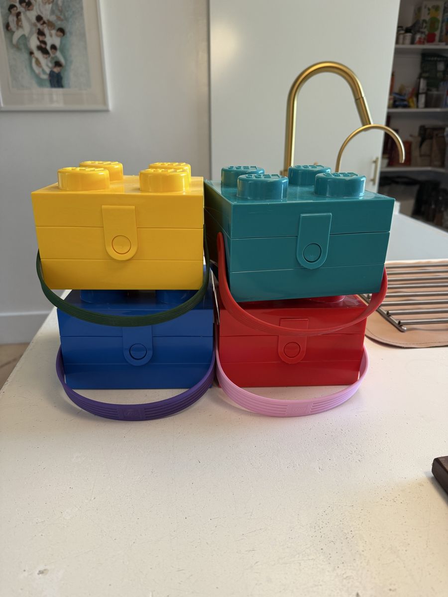 LEGO Brick 4-Knob Lunch or Storage Boxes with Soft Silicone Handles - Set of 4 Assorted Colors
