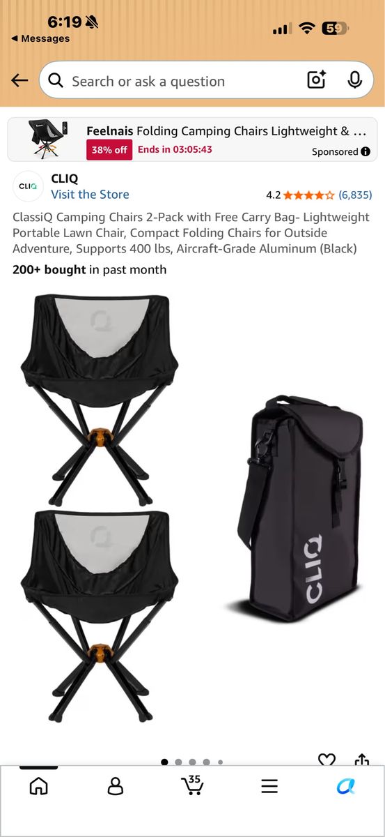 CLIQQ Camping Chairs 2-Pack with Carry Bag - Lightweight Portable Lawn Chair, Supports 400 lbs, Black
