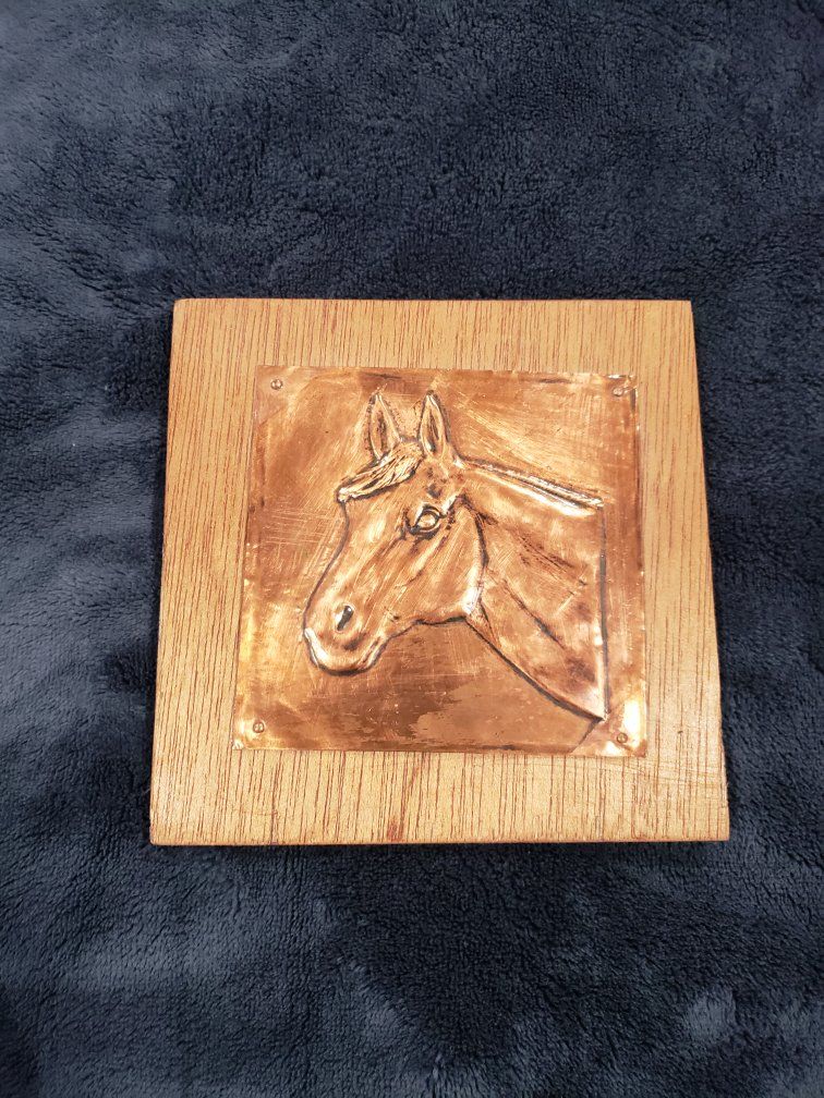 Vintage Copper Relief Horse Plaque Mounted on Square Wood Panel