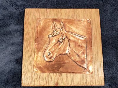 Vintage Copper Relief Horse Plaque Mounted on Square Wood Panel