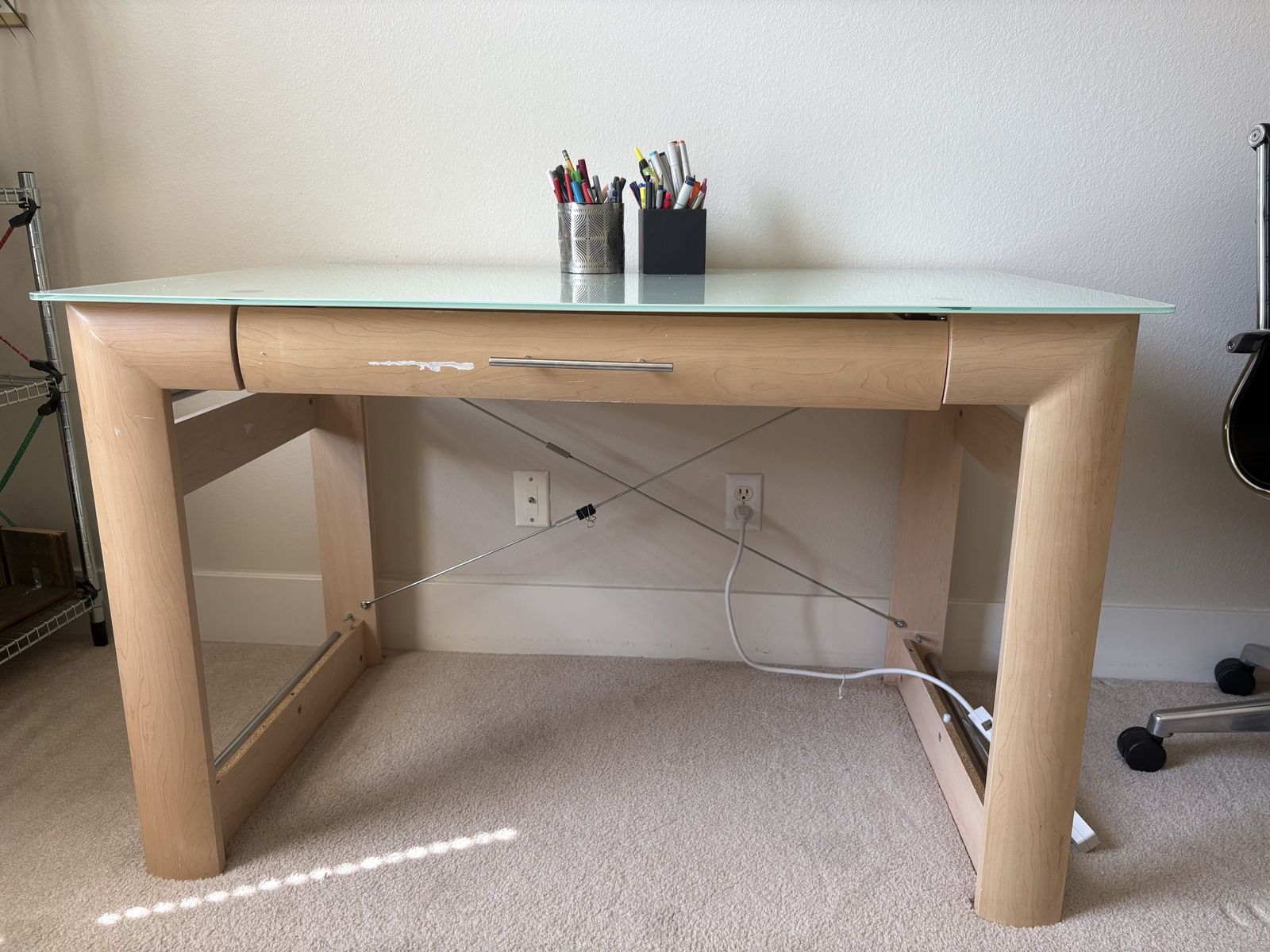 Frosted Glass Top Wood Desk with Drawer