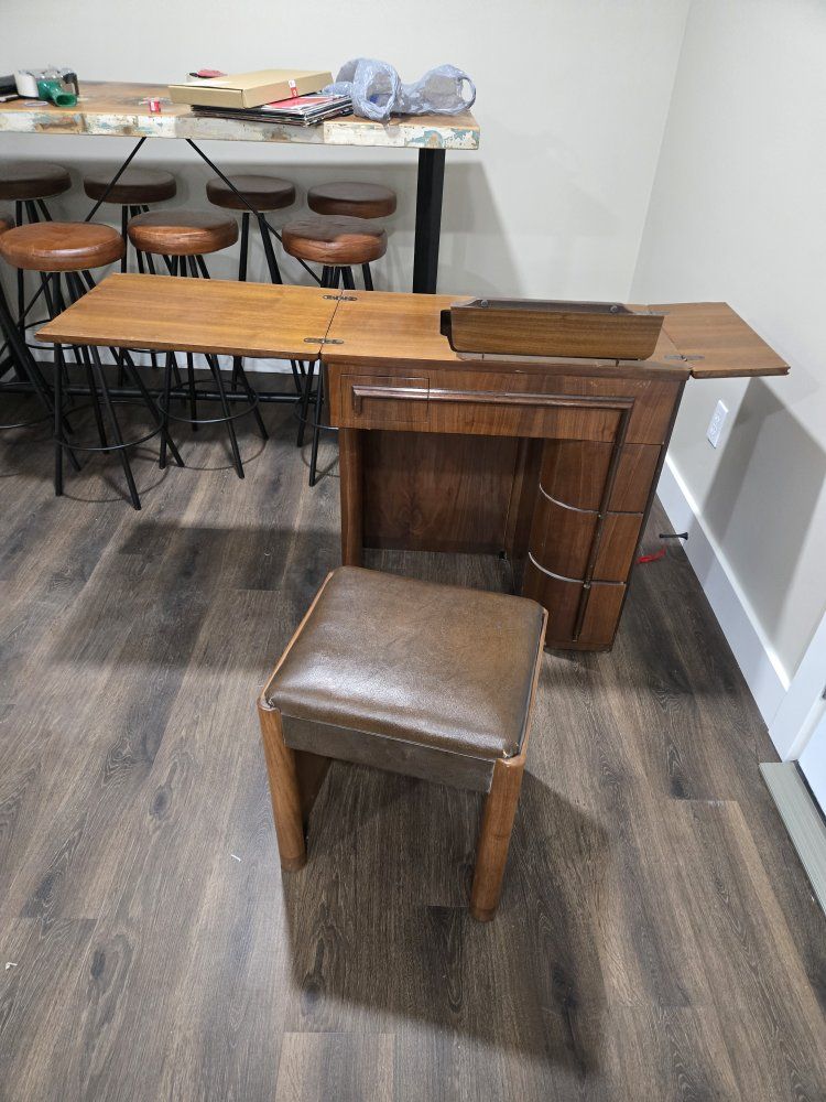 Price reduced! Sewing Machine Cabinet & Stool with Storage - Wood, Drop Leaf Table