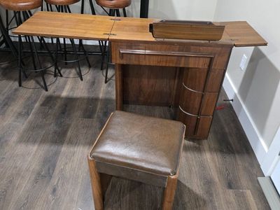 Price reduced! Sewing Machine Cabinet & Stool with Storage - Wood, Drop Leaf Table