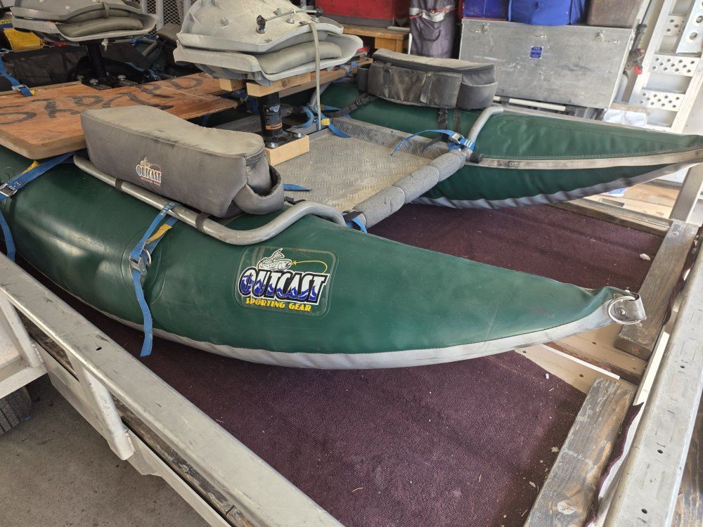 Outcast Sporting Gear Pontoon Fishing Boat - Used, Green, with 2  Seats & Pump
