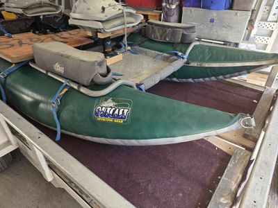 Outcast Sporting Gear Pontoon Fishing Boat - Used, Green, with 2 Seats & Pump