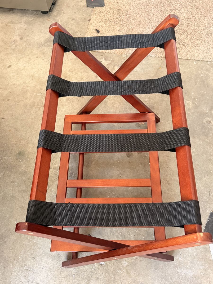 Wooden Folding Luggage Rack with Lower Shelf and Black Straps