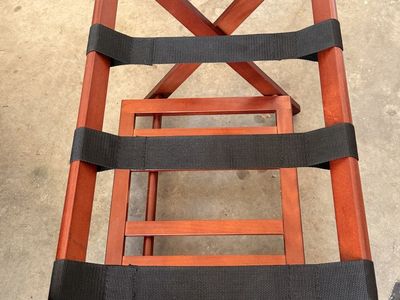 Wooden Folding Luggage Rack with Lower Shelf and Black Straps