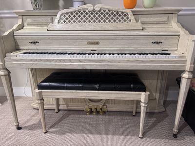 *Free* Kimball Vintage Whitewash Spinet Upright Piano with Matching Padded Bench