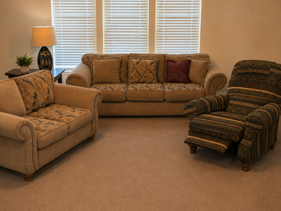 Southwestern Rustic Living Room Set – Sofa, Loveseat & Recliner w/ Accent Pillows – Excellent Condition