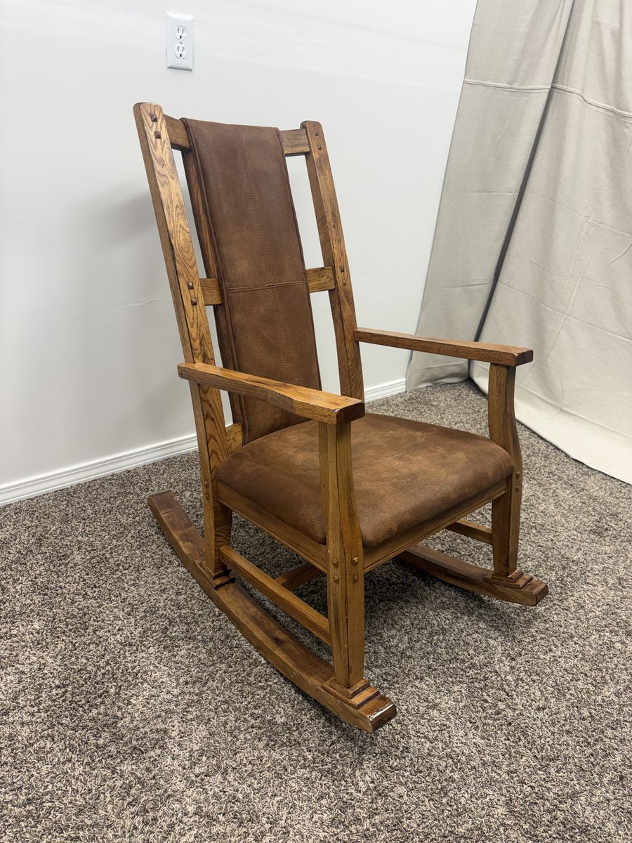 DELIVERY - REAL WOOD Rocking Chair with Faux Leather Seat and Back, Rustic Oak Brown