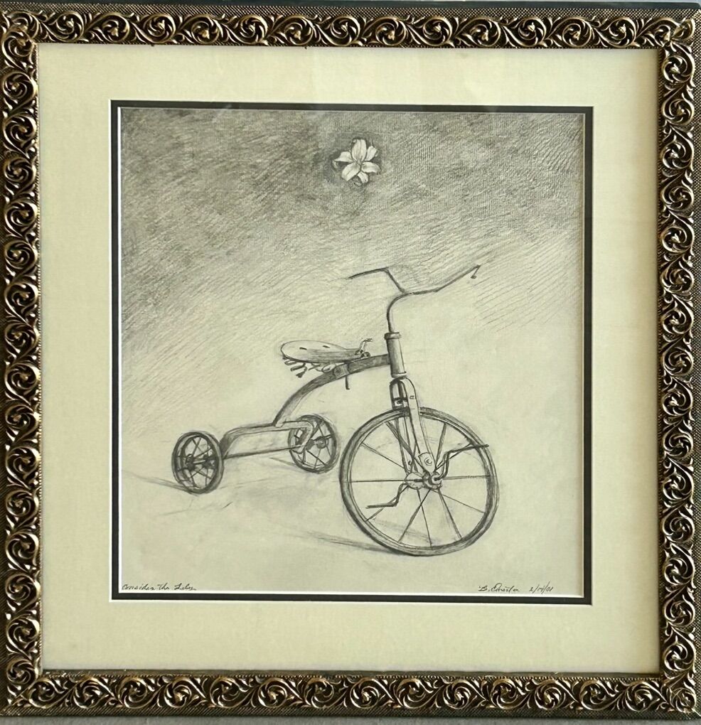 Pencil Drawing origional Art Tricycle Framed