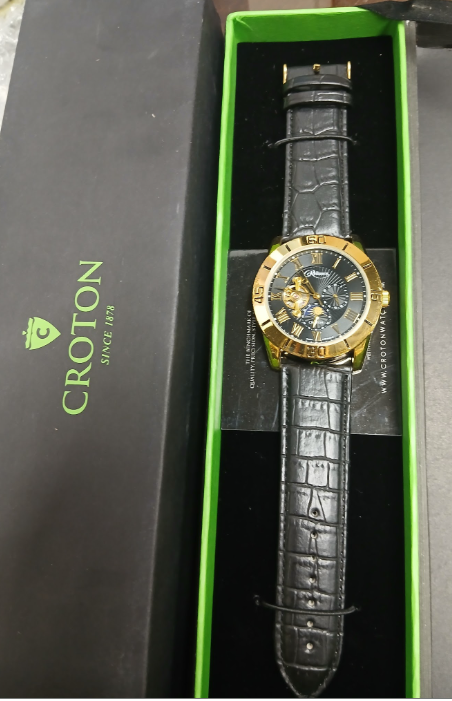 Croton RE306071BSBL Men's Silver-Tone Automatic Watch w/ Blue Bezel & Black Croc-Embossed Leather Strap