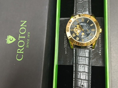 Croton RE306071BSBL Men's Silver-Tone Automatic Watch w/ Blue Bezel & Black Croc-Embossed Leather Strap