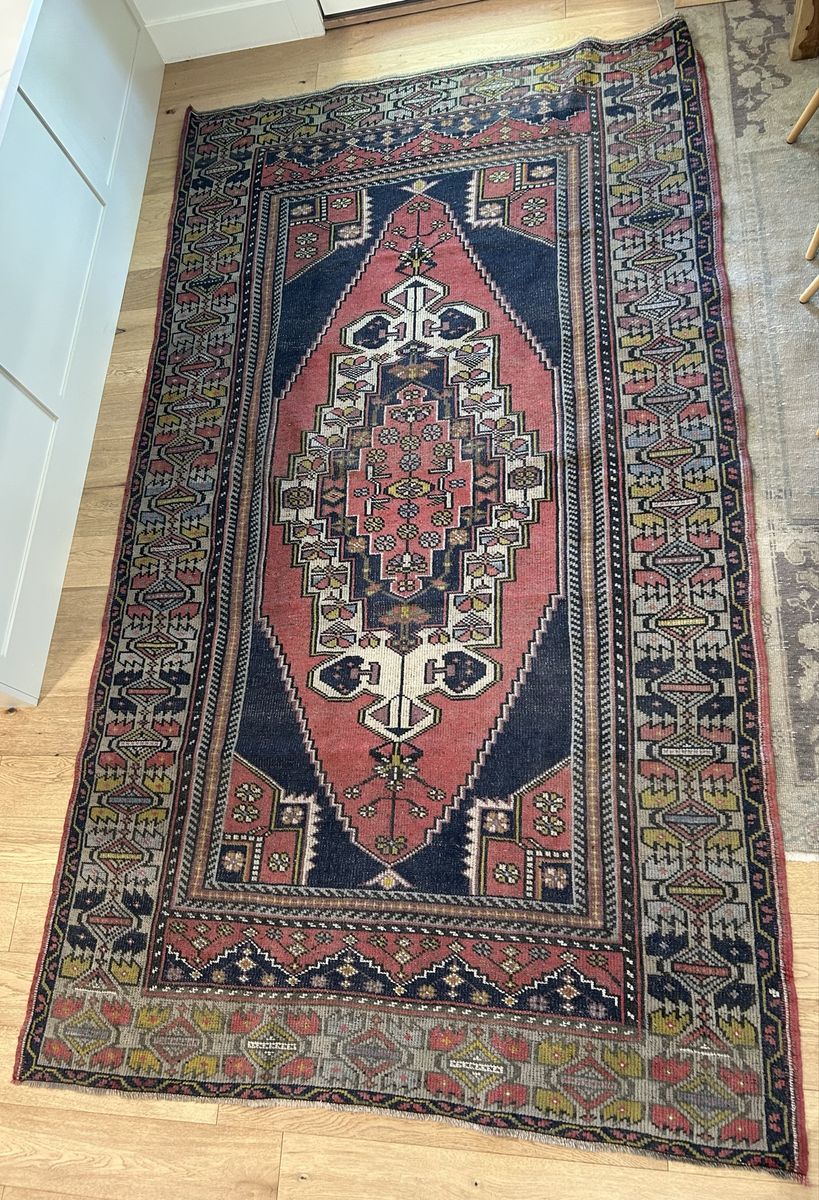 Vintage Turkish Anatolian Hand-Knotted Wool Area Rug 5’ 4.5” X  9’ 6.5”Pink, Navy, Yellow.