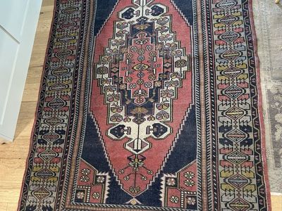 Vintage Turkish Anatolian Hand-Knotted Wool Area Rug 5’ 4.5” X 9’ 6.5”Pink, Navy, Yellow.