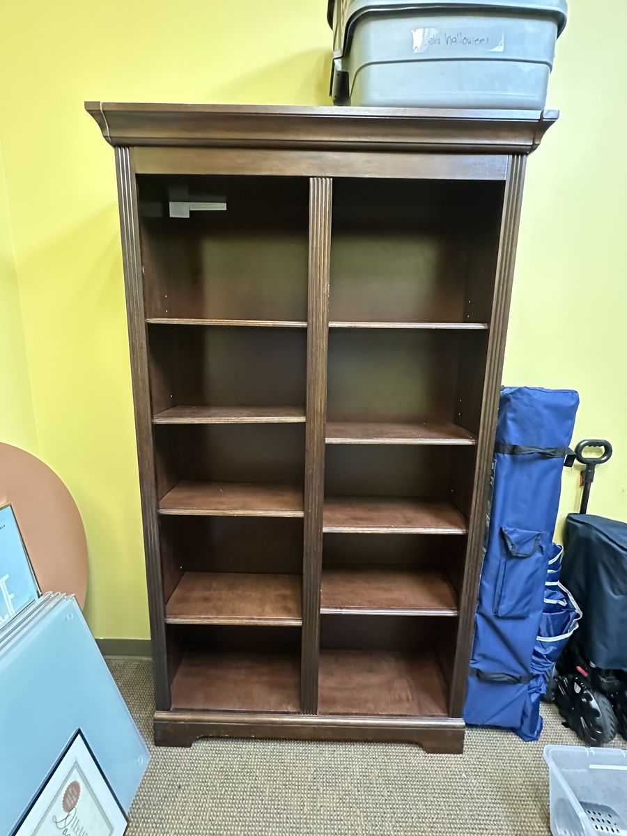 Traditional Dark Wood Double-Bay Bookcase Shelving Unit