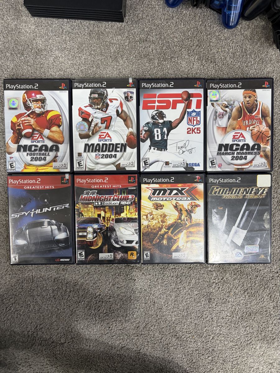 8 PS2 Games: Madden 2004, NCAA Football/March Madness 2004, ESPN 2K5, SpyHunter, Midnight Club 3, MTX Motocross, GoldenEye