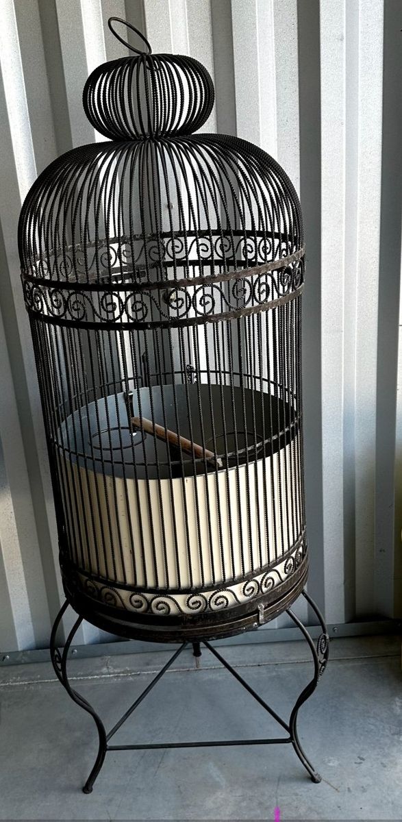 Two Large Vintage Wrought Iron Decorative Bird Cages, Ornate Metal Design, Tall Floor Standing Aviary