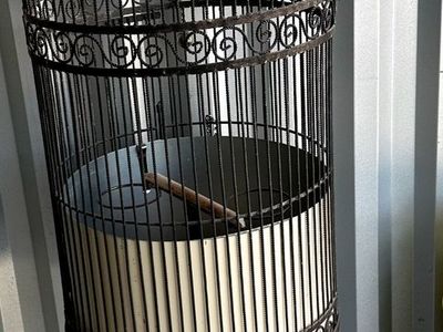 Two Large Vintage Wrought Iron Decorative Bird Cages, Ornate Metal Design, Tall Floor Standing Aviary