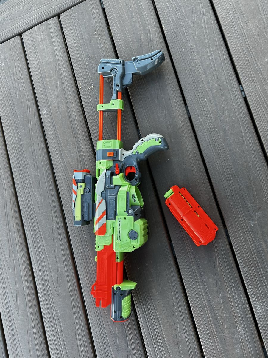 Nerf Vortex Lumitron Blaster Green/Orange Toy Gun with Detachable Stock and Magazine