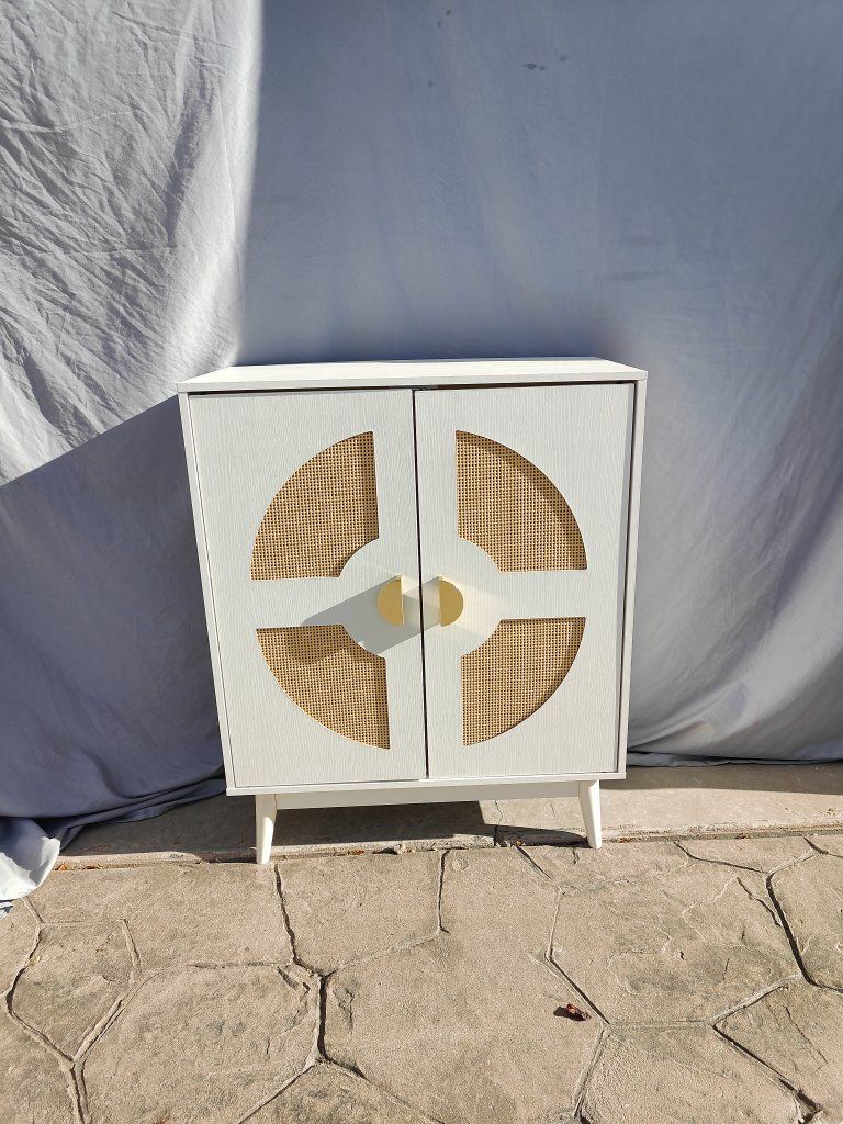 Stylish Vintage looking White 2-Door Cabinet with Cane Details and Gold Hardware