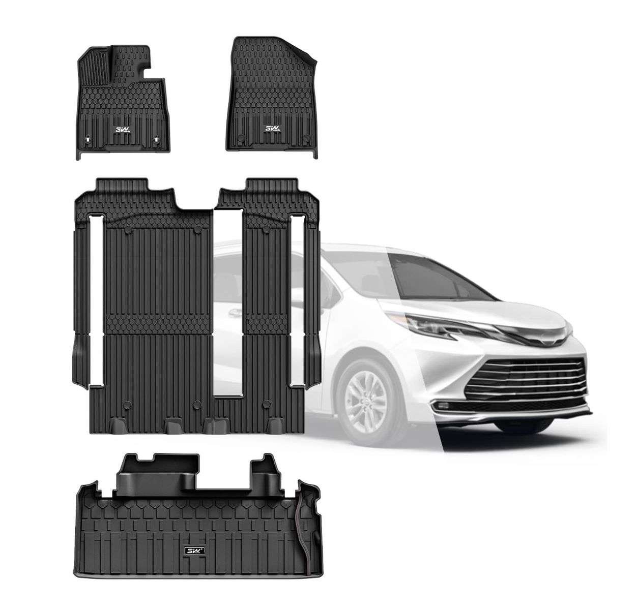 3W Floor Mats & Trunk Mat for Toyota Sienna 2021-2026 LE/XLE(Only for 8 Seat), TPE All Weather Custom Fit Floor Liner for Sienna