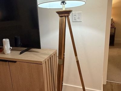 Modern Wooden Tripod Floor Lamp with White Drum Shade