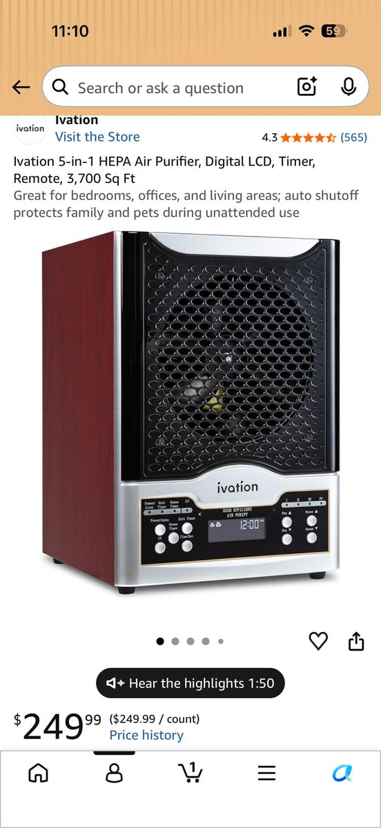 Ivation 5-in-1 HEPA Air Purifier, Digital LCD, Timer, Remote, 3700 Sq Ft Coverage