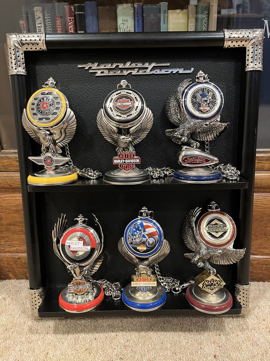 Franklin Mint-Harley Davidson Set of 6 Pocket Watches, Holders, and a Display Case