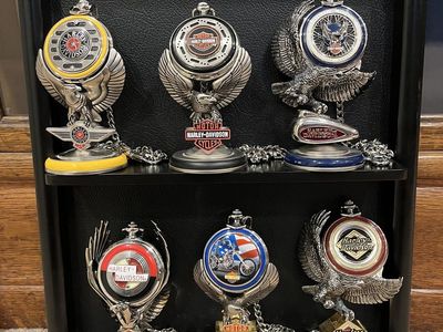 Franklin Mint-Harley Davidson Set of 6 Pocket Watches, Holders, and a Display Case