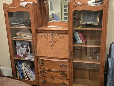 Antique Golden Oak Secretary Bookcase with Mirror and Double Glass Bookcases (circa 1905–1925)