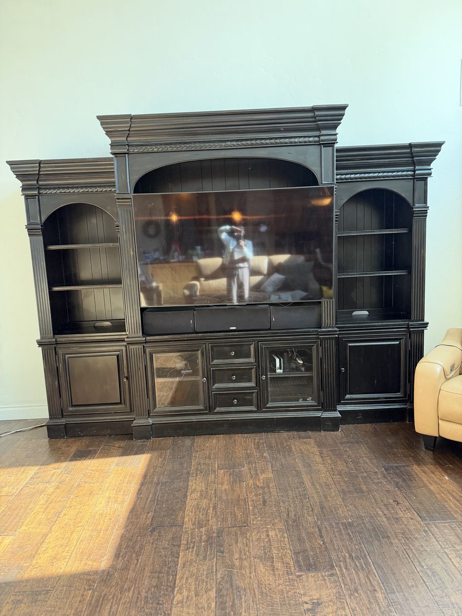 Large Black Wood Entertainment Center Wall Unit with Shelving and Cabinets
