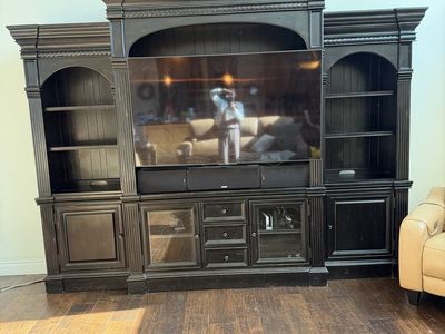 Large Black Wood Entertainment Center Wall Unit with Shelving and Cabinets