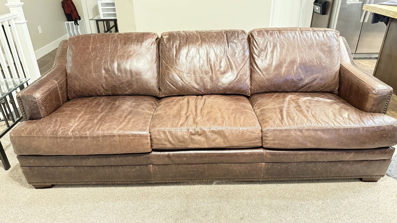 Brown Distressed Leather Sofa with Nailhead Trim & Two Matching Recliners