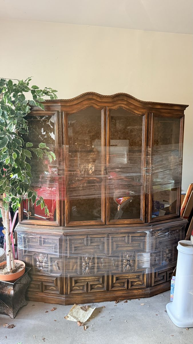 Large Vintage Wooden Display Cabinet Hutch with Glass Doors - Ornate Carved Details