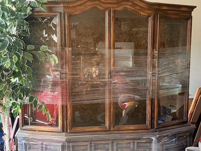 Large Vintage Wooden Display Cabinet Hutch with Glass Doors - Ornate Carved Details