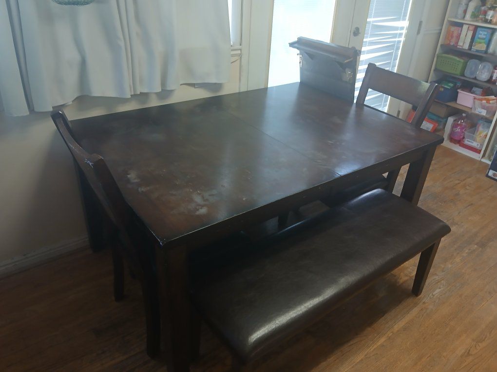 Used Dark Wood Dining Table with Bench and Two Chairs - Minor Wear, Great for Small Spaces
