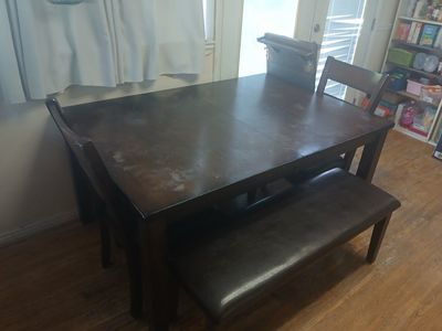 Used Dark Wood Dining Table with Bench and Two Chairs - Minor Wear, Great for Small Spaces