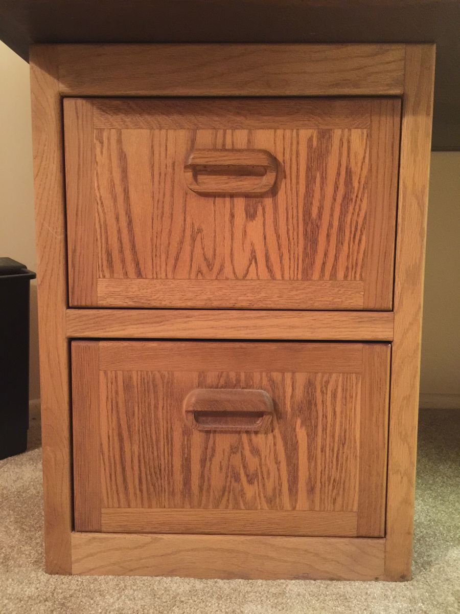 Large Wooden Executive Desk with Dual Oak File Cabinets and Hutch