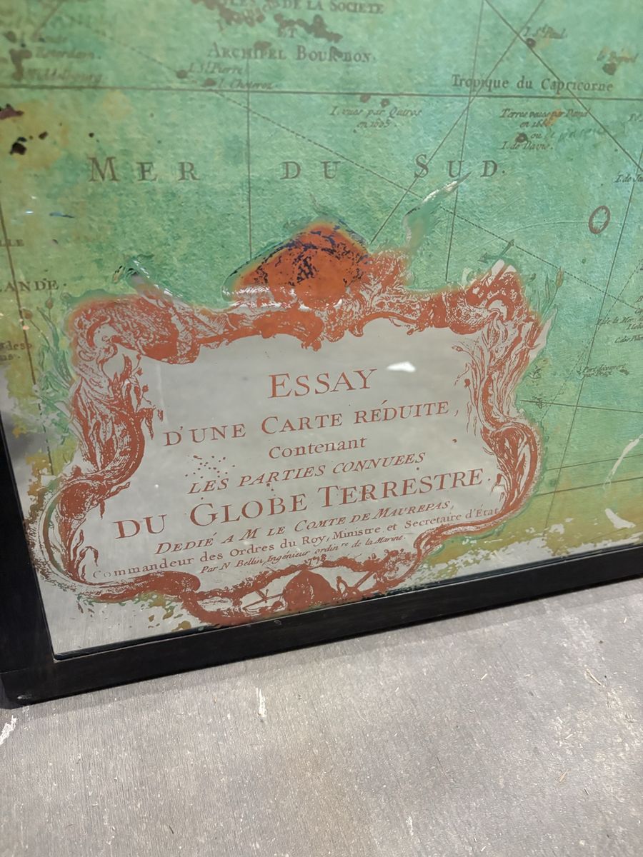 Large Vintage Mirrored French World Map Wall Art in Frame 