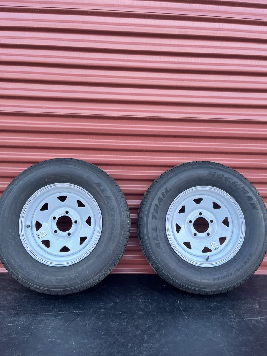 Set of 2 Rockman ST 205/75 R 14 Trailer Tires Mounted on New White Spoke Wheels 5 on 4.5 Brand New
