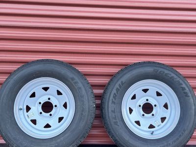 Set of 2 Rockman ST 205/75 R 14 Trailer Tires Mounted on New White Spoke Wheels 5 on 4.5 Brand New