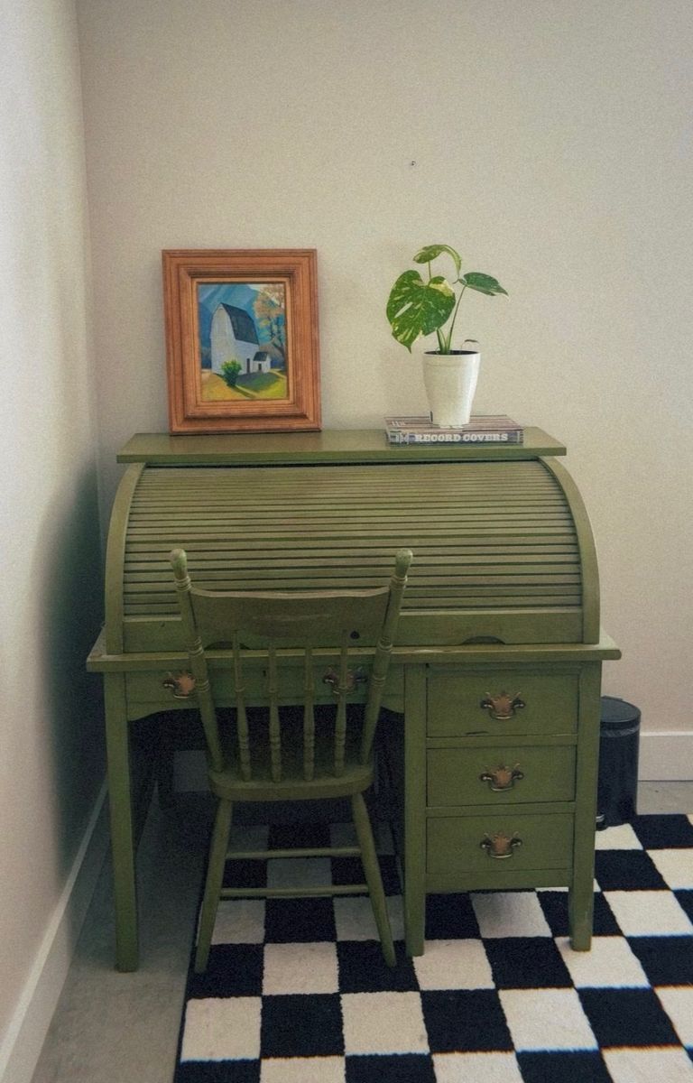 Antique Green Wood Roll Top Desk with Drawers