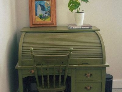 Antique Green Wood Roll Top Desk with Drawers