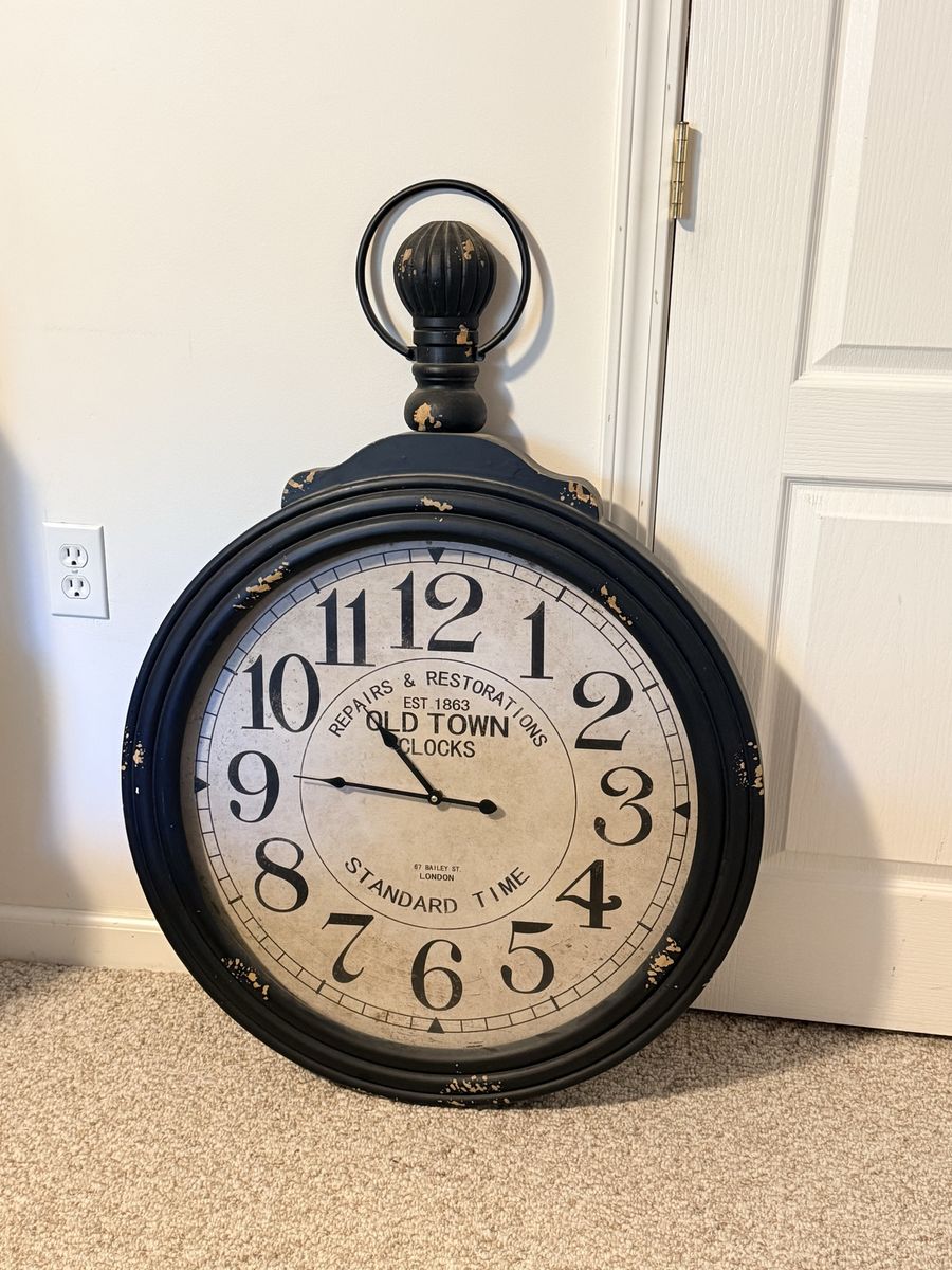 Large Old Town Clocks Wall Clock - Repairs & Restorations Est 1863, Black Distressed Finish